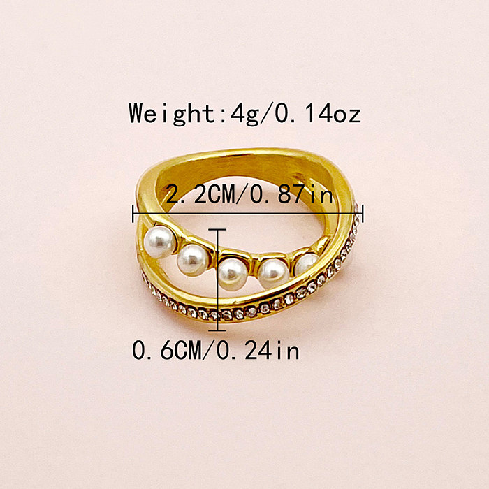 Elegant Classical Solid Color Stainless Steel Plating Inlay Pearl Zircon Gold Plated Rings