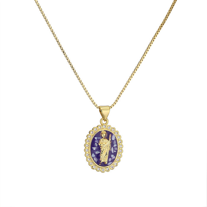 Retro Virgin Mary Oval Copper Inlay Zircon Pendant Necklace 1 Piece
