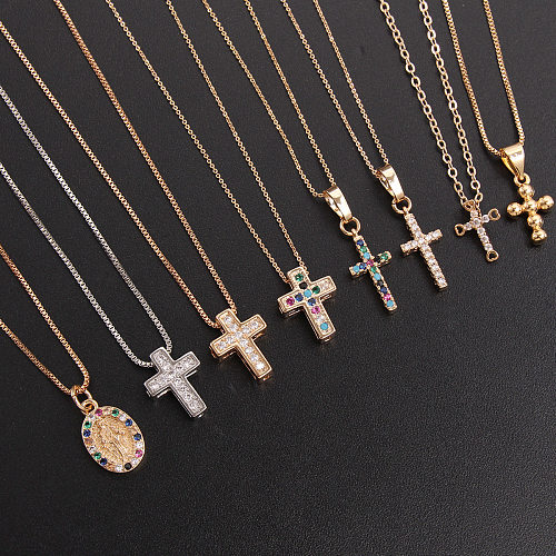 Vintage Style Cross Copper Plating Inlay Zircon Gold Plated Pendant Necklace