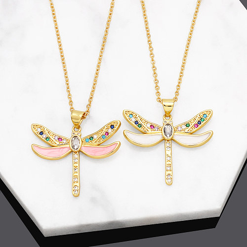 Retro Insect Dragonfly Copper Enamel Gold Plated Zircon Pendant Necklace 1 Piece
