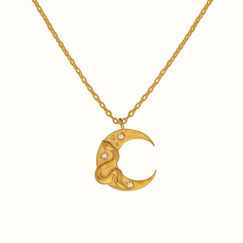 Retro Simple Style Moon Snake Copper Plating Inlay Zircon Gold Plated Pendant Necklace