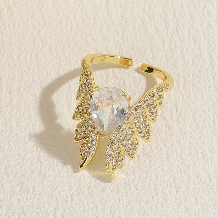 Elegant Classic Style Star Water Droplets Wings Copper Asymmetrical Plating Inlay Zircon 14K Gold Plated Open Rings
