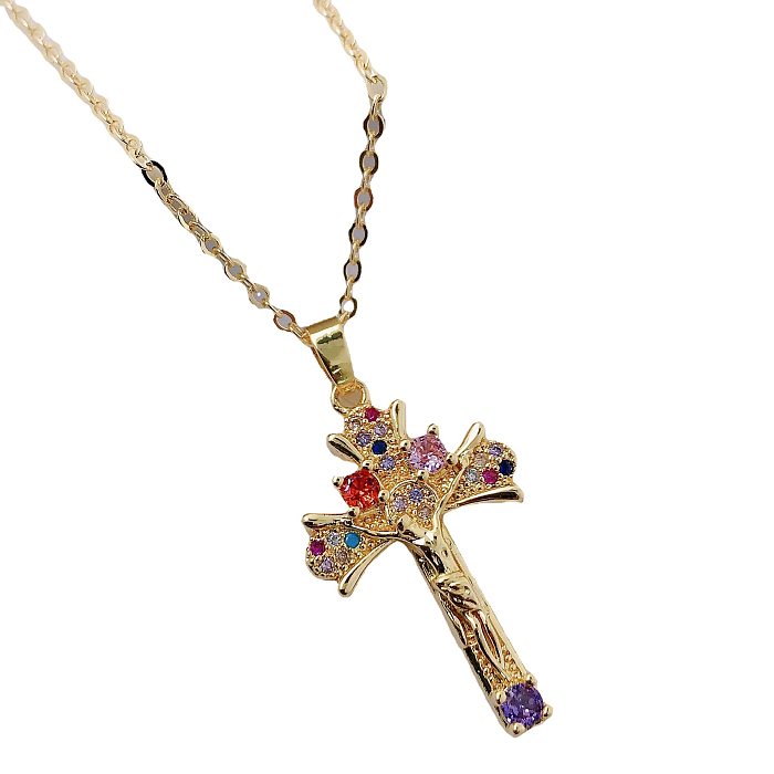 Retro Catholic Virgin Mary Jesus Cross Pendant Copper Zircon Clavicle Chain