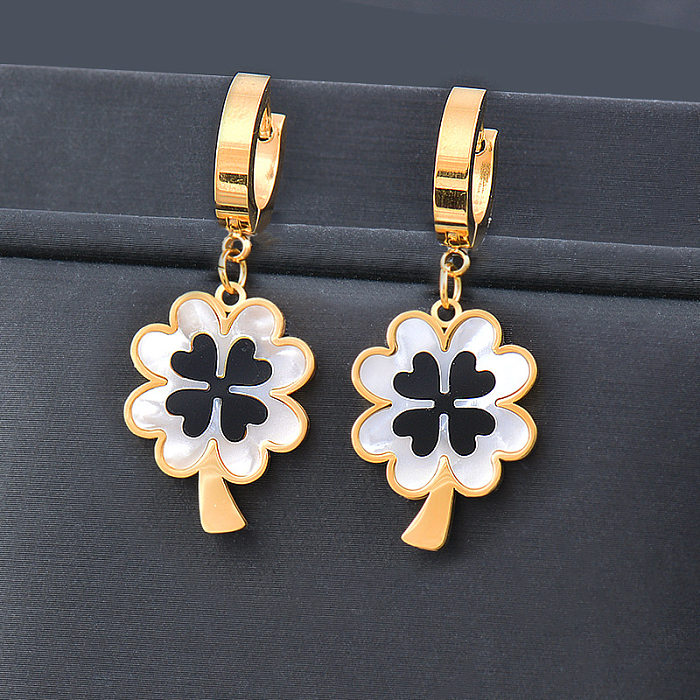 Fashion Four Leaf Clover Titanium Steel Plating Inlay Shell Earrings Necklace