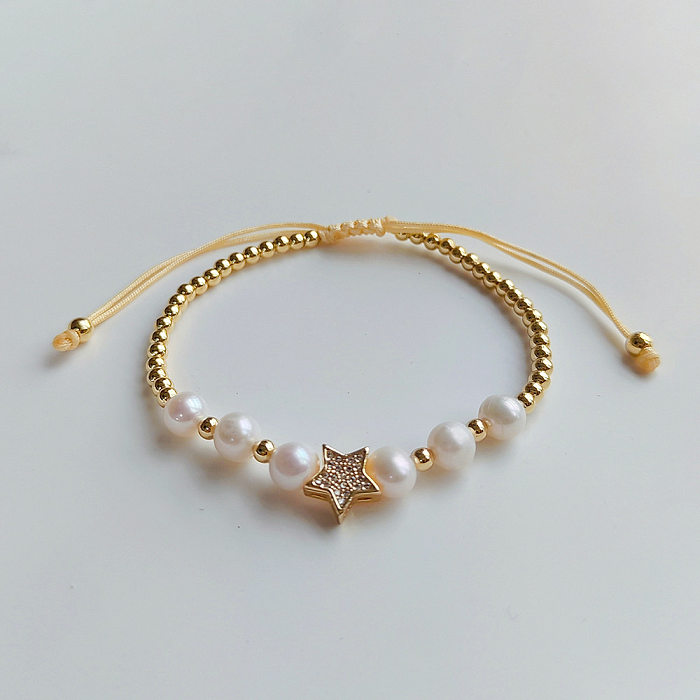 Pulseras de circón con incrustaciones de cobre y perlas de agua dulce con estrella geométrica bohemia