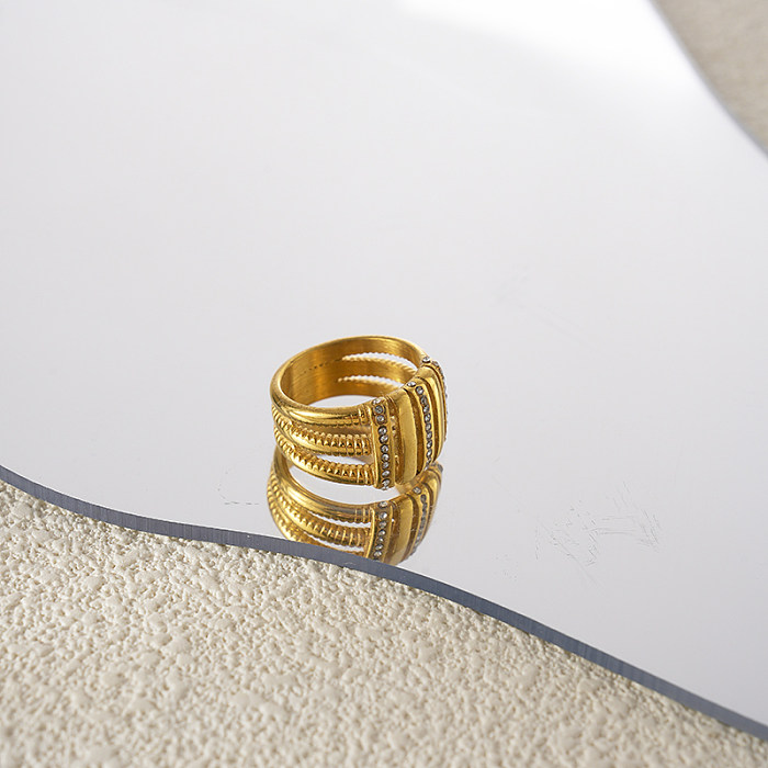 Wholesale Vacation Tropical Modern Style Stripe Stainless Steel Plating Inlay Gold Plated Artificial Diamond Rings