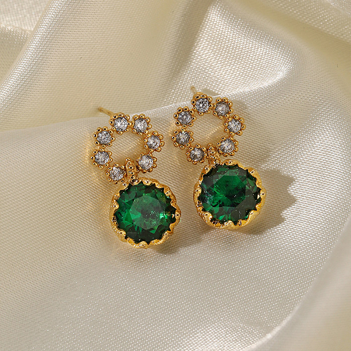 1 paire de boucles d'oreilles pendantes, Style Vintage, Style Simple, incrustation ronde en verre de cuivre et Zircon plaqué or 18 carats