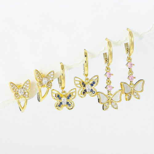 1 ensemble de boucles d'oreilles pendantes, Style Simple et décontracté, incrustation de placage papillon, coque en laiton et Zircon plaqué or 18 carats