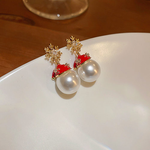 Lindo sombrero de Navidad chapado en oro cobre perlas artificiales circón pendientes 1 par