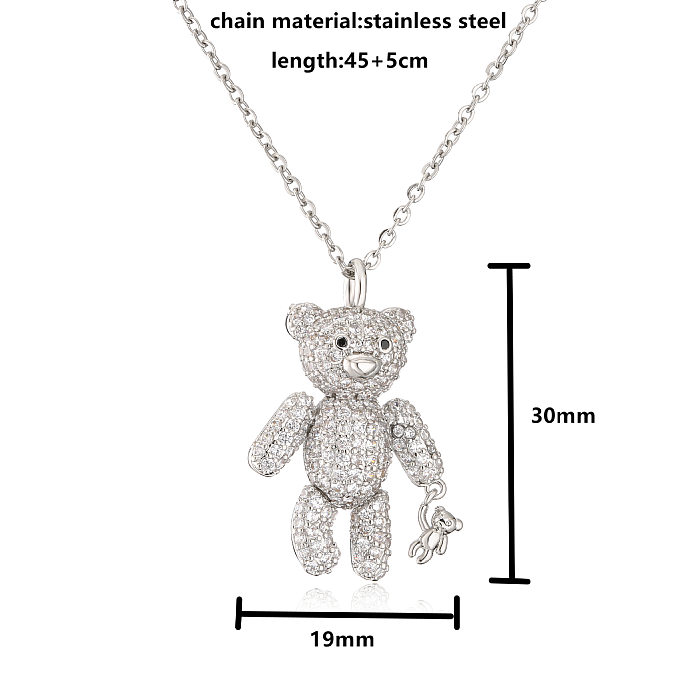 Collier en cuivre avec ours en diamant, Micro incrusté de Zircon, ours mignon avec petit ours, pendentif