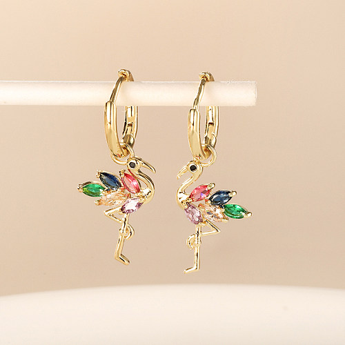 1 Pair Modern Style Flamingo Copper Plating Inlay Zircon Gold Plated Drop Earrings