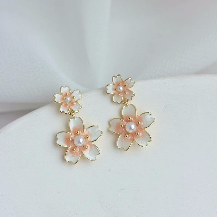 1 paire de boucles d'oreilles pendantes en cuivre et perles, Style Simple, incrustation de fleurs
