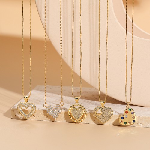 Elegant Sweet Heart Shape Copper Plating Inlay Zircon 14K Gold Plated Pendant Necklace