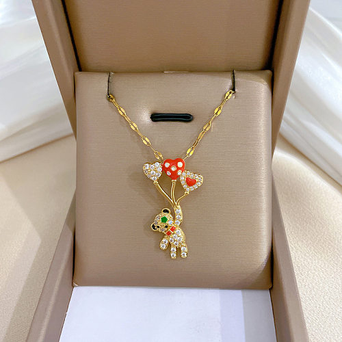 Sweet Artistic Little Bear Balloon Heart Shape Titanium Steel Copper Artificial Gemstones Pendant Necklace In Bulk