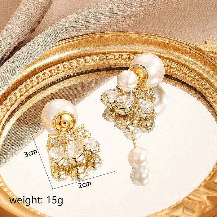 1 paire de boucles d'oreilles en cuivre et Zircon, Style Simple et élégant, incrustation de perles géométriques