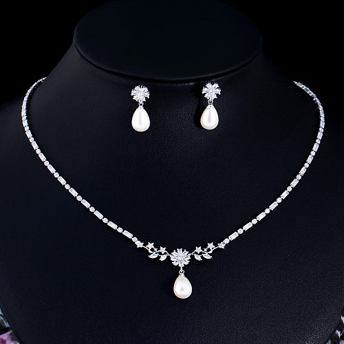 Luxurious Wedding Bridal Water Droplets Copper White Gold Plated Rhodium Plated Earrings Necklace