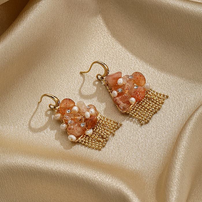 1 Pair Commute Irregular Tassel Beaded Pearl Inlay Copper Zircon Drop Earrings