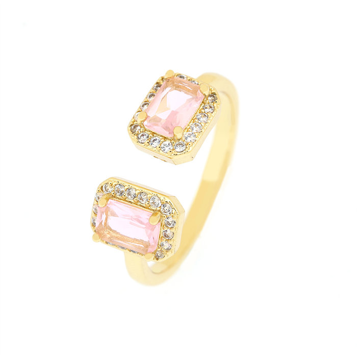 IG Style Elegant Lady Square Copper Plating Inlay Zircon 18K Gold Plated Open Rings