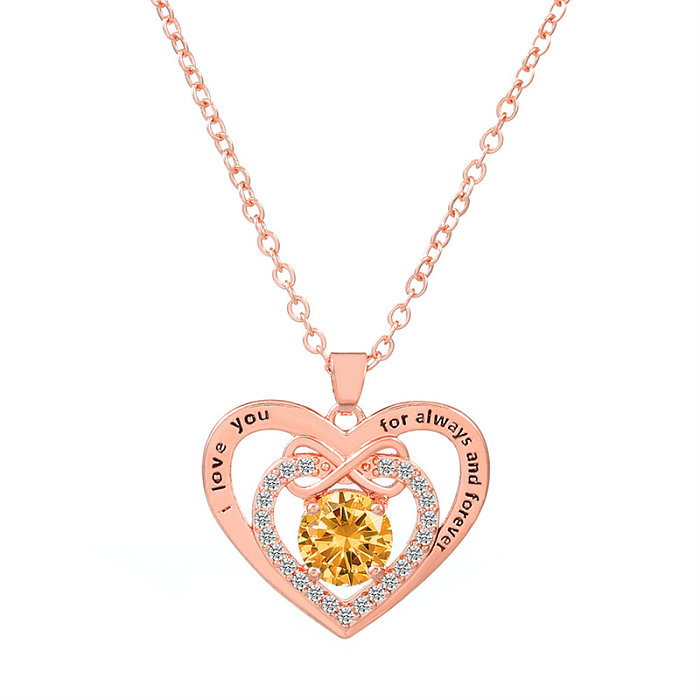 Glam formato de coração titânio aço cobre oco cristal zircão 18K banhado a ouro colar pingente banhado a prata