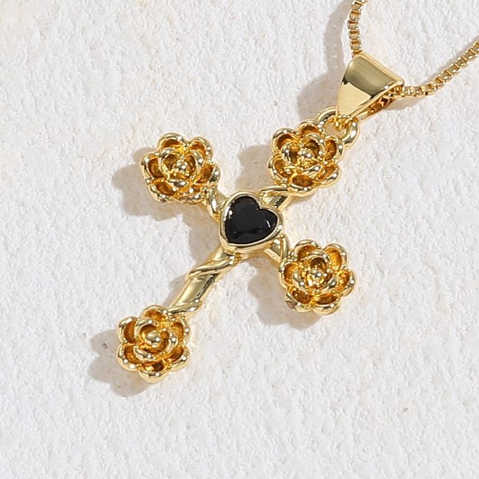 Elegant Cross Heart Shape Flower Copper Inlay Zircon 14K Gold Plated Pendant Necklace
