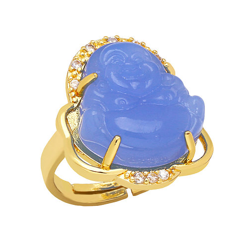 Chinoiserie Buddha Copper Open Ring Plating Glass Copper Rings