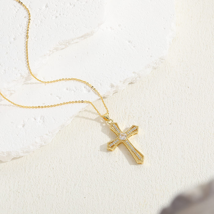 Elegante e luxuoso estilo clássico cruz cobre 14K colar com pingente de zircão banhado a ouro a granel