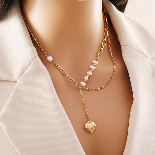 Collar de pendientes de pulseras de chapado de perlas de acero inoxidable con forma de corazón de moda