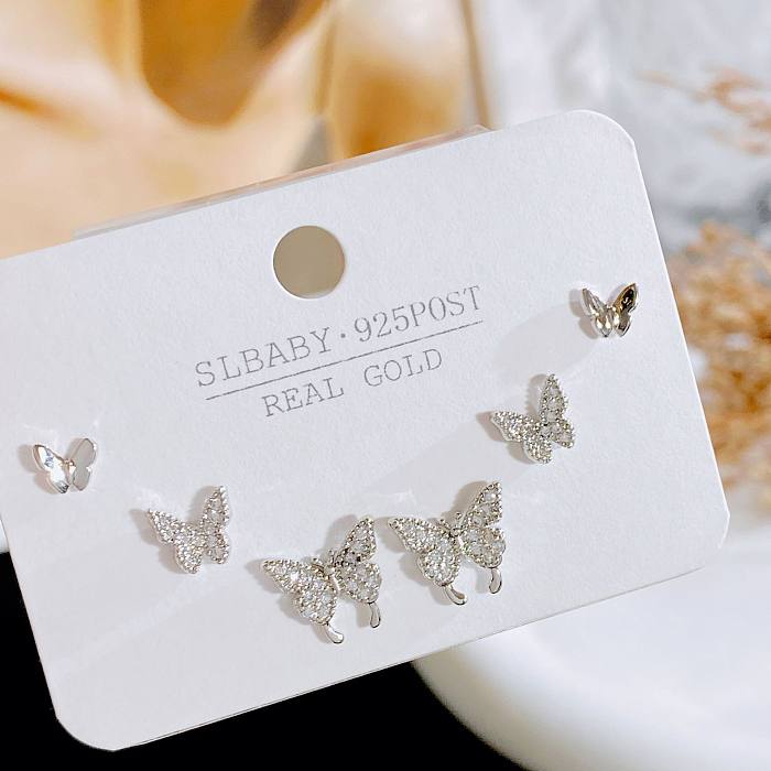 Simple Style Geometric Heart Shape Bow Knot Copper Plating Inlay Artificial Gemstones Ear Studs