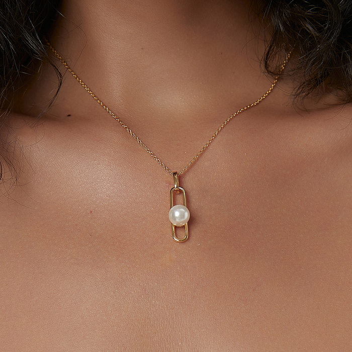 Elegante Halskette mit geometrischem Kupferüberzug und Inlay aus künstlichen Perlen
