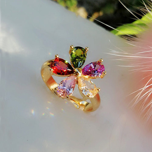 Sweet Flower Copper Inlay Zircon Open Ring