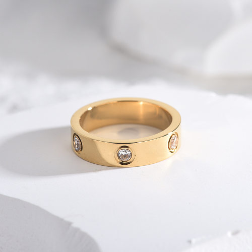 Romântico brilhante redondo titânio aço polimento chapeamento incrustações strass anéis banhados a ouro 18K