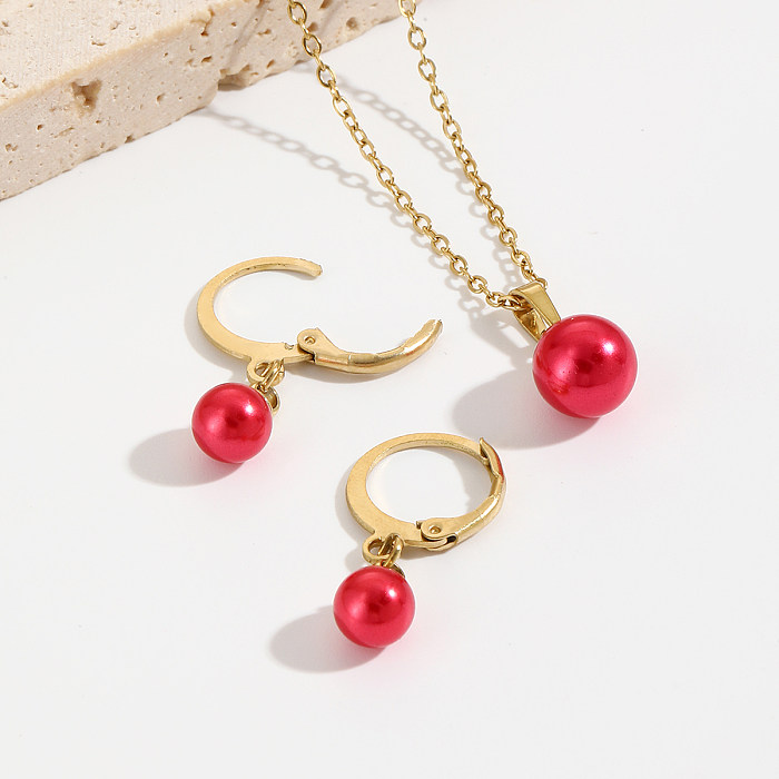 Boucles d'oreilles rondes brillantes en acier inoxydable, Style Simple, placage de perles d'imitation, collier plaqué or 14 carats