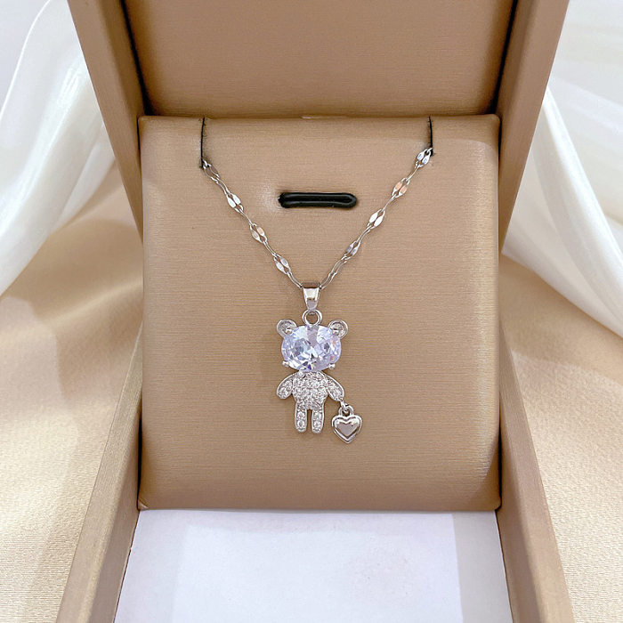 Cartoon Style Cute Bear Heart Shape Titanium Steel Brass Zircon Pendant Necklace In Bulk
