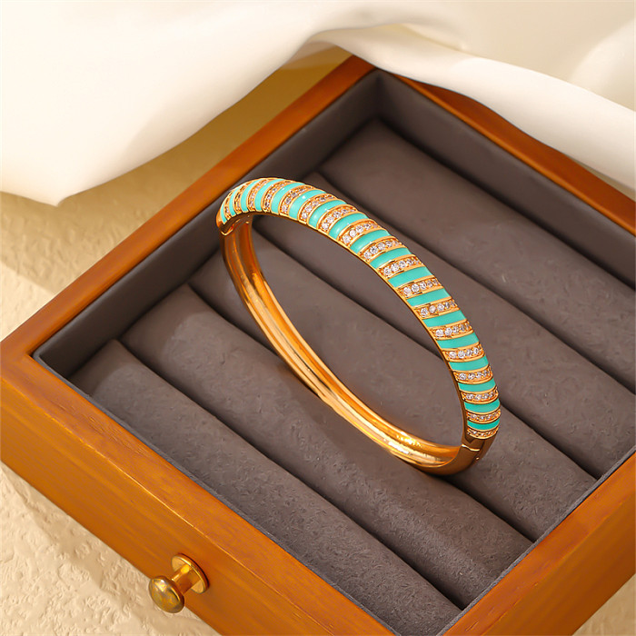 Elegant Lady Geometric Round Spiral Stripe Copper Enamel Plating Inlay Zircon Gold Plated Rings Bracelets