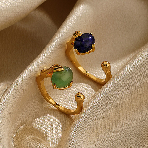 Anneaux ouverts plaqués or 18 carats en verre Lapis Lazuli avec incrustation de cuivre ovale de Style Simple IG