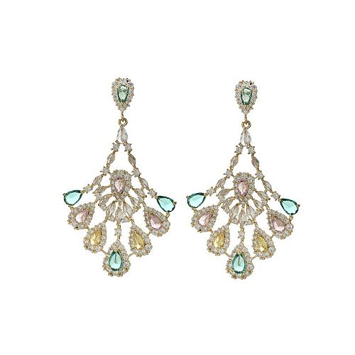 1 paire de boucles d'oreilles élégantes Style féerique, gouttelettes d'eau ajourées, incrustation en cuivre et Zircon