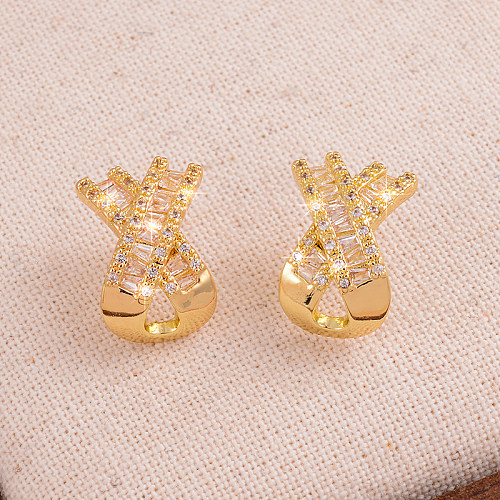 1 Pair IG Style Shiny Letter X Plating Inlay Copper Zircon 14K Gold Plated Ear Studs