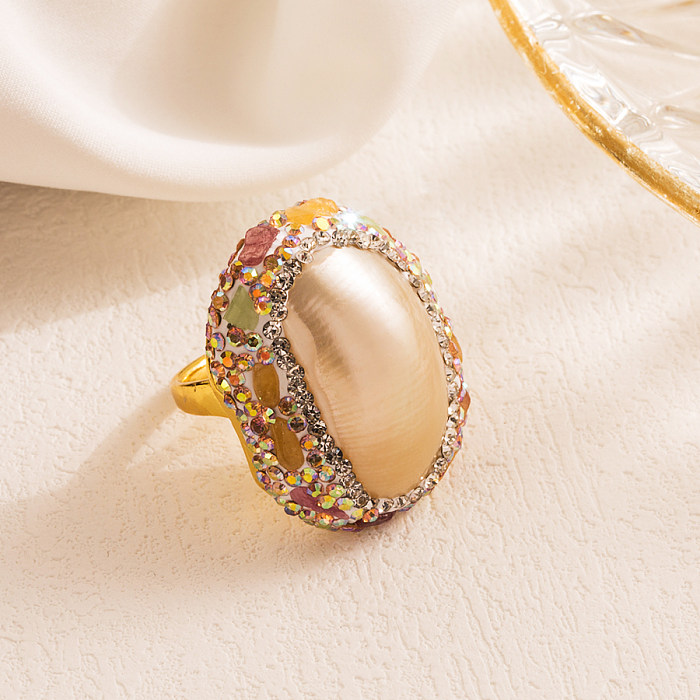 Vacation Oval Copper Irregular Plating Inlay Pearl Zircon Gold Plated Open Ring