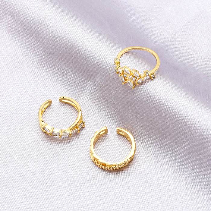 Simple Style Irregular Geometric Leaves Copper Gold Plated Zircon Open Ring 1 Piece