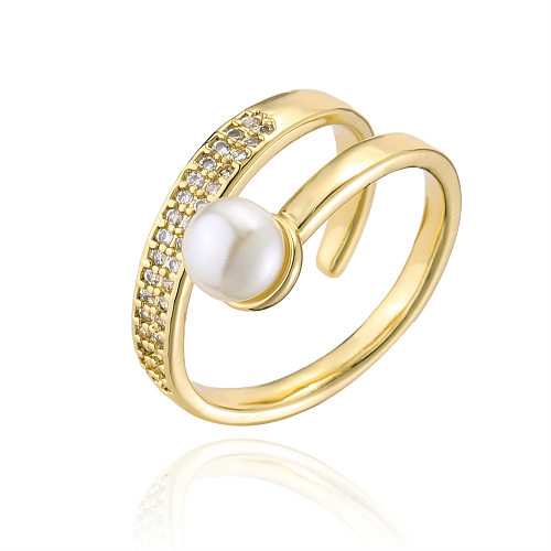 Fashion Copper Micro-set Zircon Plated 18K Gold Pearl Geometric Open Ring