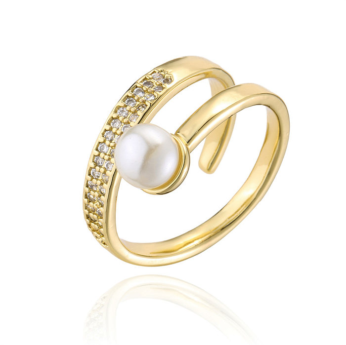 Modischer offener Ring mit geometrischem Kupfer-Micro-Set-Zirkon-Überzug aus 18 Karat Gold mit Perle