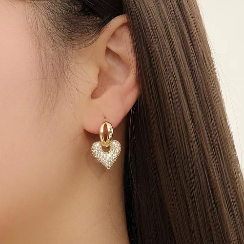 Boucles d'oreilles en cuivre avec incrustation de pierres précieuses artificielles, Style Simple, en forme de cœur, 1 paire