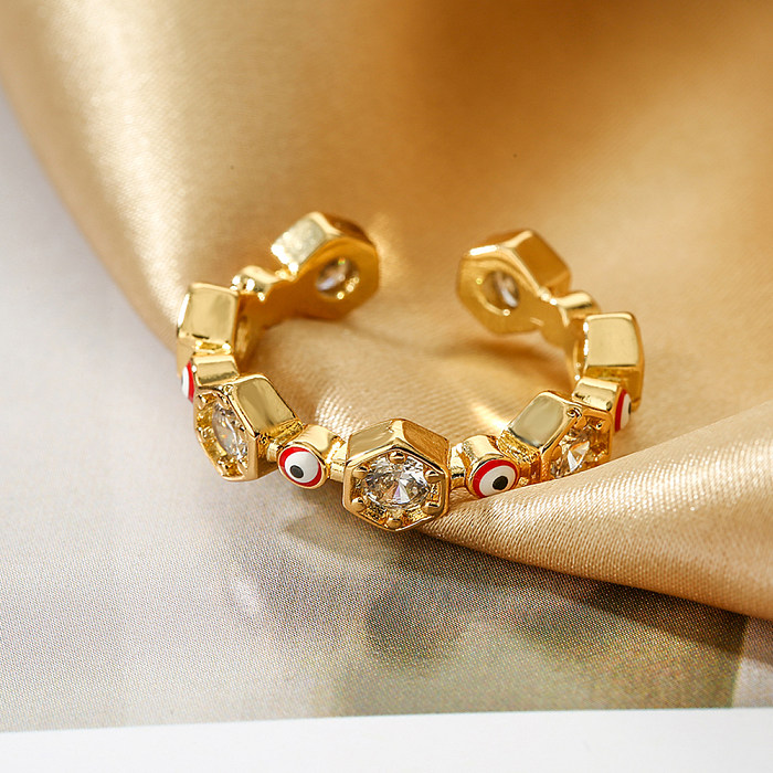 Estilo simples comutar hexágono olho do diabo cobre esmalte chapeamento inlay zircon 18 k banhado a ouro anel aberto