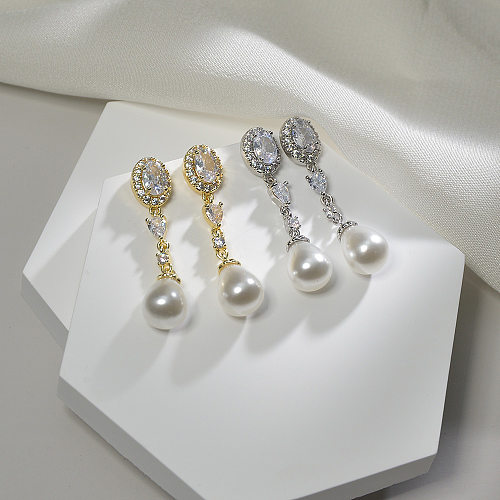 1 Paar lässige einfache Stil ovale Wassertropfen Überzug Inlay Kupfer Perle Zirkon Tropfen Ohrringe