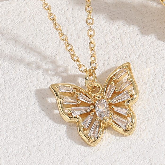 INS Style Butterfly Copper Plating Inlay Freshwater Pearl Zircon 14K Gold Plated Pendant Necklace