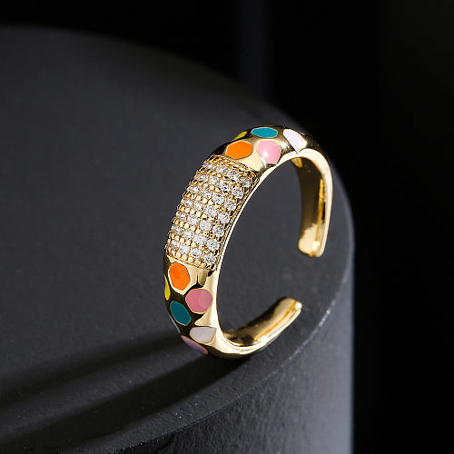 Moda cobre 18K ouro cor gotejamento óleo zircão anel aberto geométrico feminino
