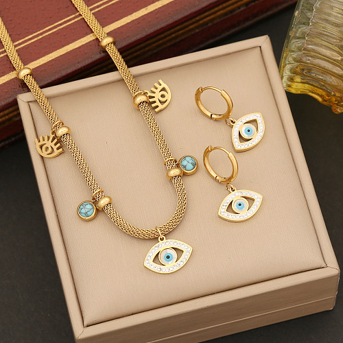 Retro Bohemian Eye Stainless Steel Plating Inlay Artificial Diamond Turquoise Bracelets Earrings Necklace