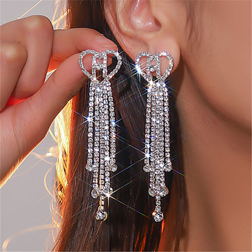 1 Pair Luxurious Tassel Heart Shape Copper Plating Inlay Rhinestones Silver Plated Drop Earrings