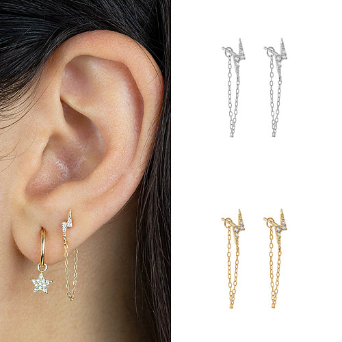 INS Style Style Simple Style Cool foudre cuivre plaqué avec de vrais clous d'oreilles en or chaîne d'oreille Zircon clous d'oreille 1 paire