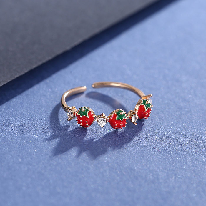 Anel aberto de cobre com diamante incrustado de morango vermelho da moda criativa